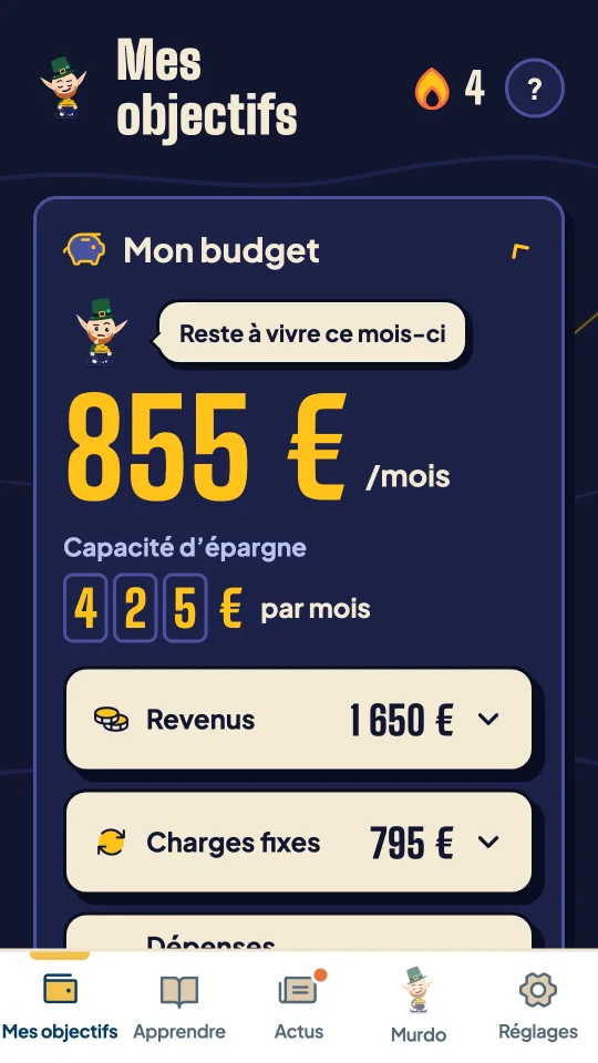 Écran Mes objectifs : reste à vivre de 855 € par mois et capacité d’épargne de 425 € par mois.