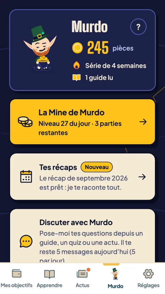 Onglet Murdo : 245 pièces, série de 4 semaines, la Mine de Murdo et les récaps.